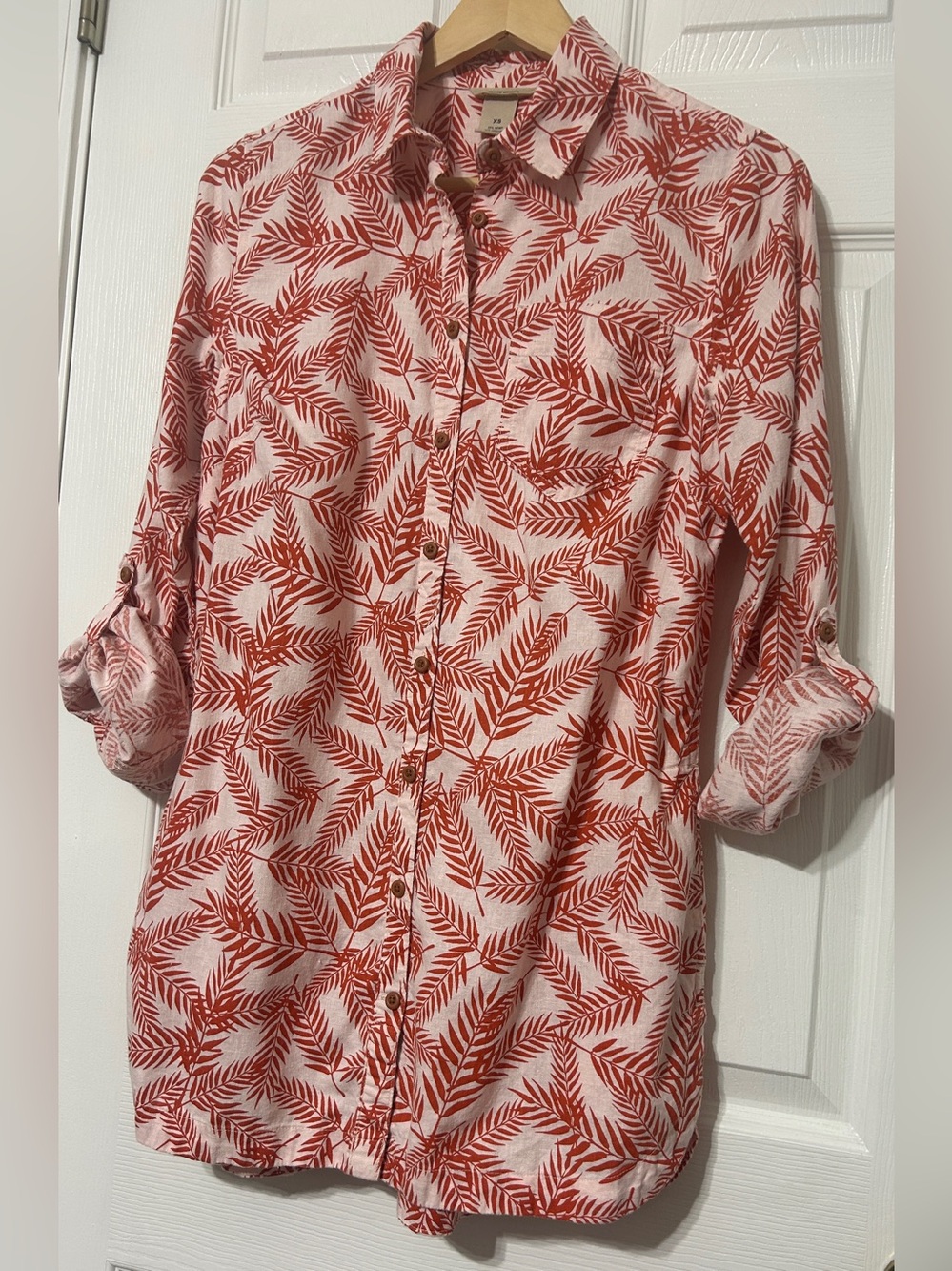 Duluth Trading Women’s Tropical Palm Button Up Tunic Shirt Pink Orange Hemp XS